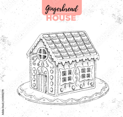 Hand drawing illustration of christmas gingerbread house. Sweet bakery