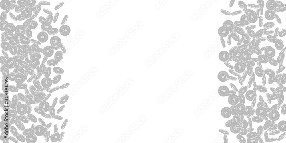 Fototapeta premium Chinese yuan coins falling. Scattered black and wh