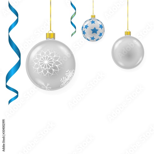 set of vector colorful glass christmas tree balls hanging on gold eyelets. 3D illustration.