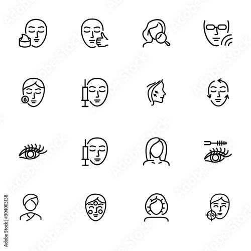 Cosmetology line icon set. Botox injection, solarium, mascara. Beauty concept. Can be used for topics like dermatology, skin care, aesthetics