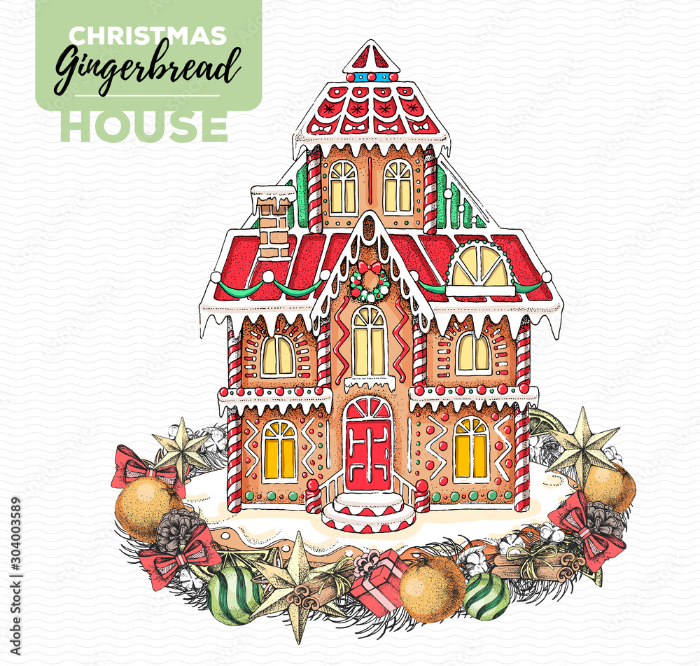Hand drawing illustration of christmas gingerbread house and holiday wreath. Sweet bakery