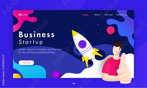 Business Start up concept based landing page design with man showing thumb up sign and successful rocket launching on abstract universe background.