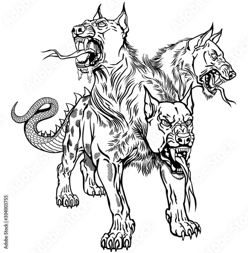 Cerberus hellhound Mythological three headed dog the guard of entrance to hell. Hound of Hades. Isolated tattoo style black and white vector illustration