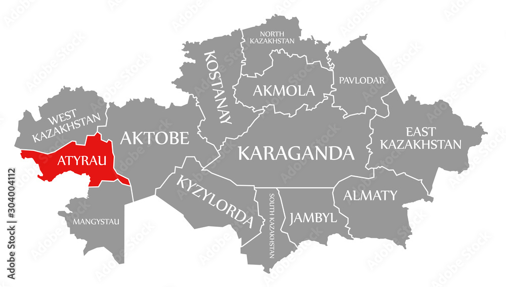 Obraz premium Atyrau red highlighted in map of Kazakhstan