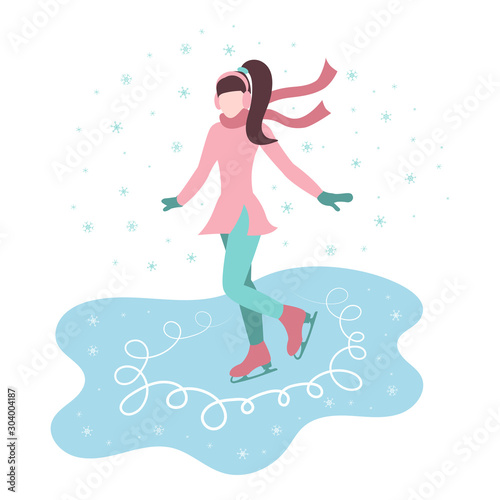 Cartoon girl skates on ice in the street, snow is falling.