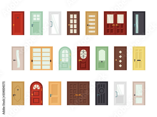 Detailed front doors flat vector icons set photo