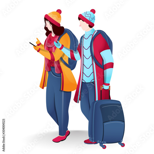 Tourist man discuss to woman using phone with luggage bag on white background for Winter Vacation. Can be used as greeting card design.