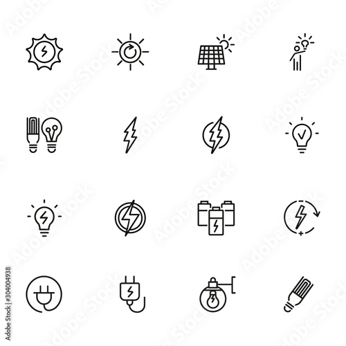 Energy line icon set. Batteries, glowing lightbulb, lightning bolt. Power concept. Can be used for topics like ecology, renewable energy, electricity