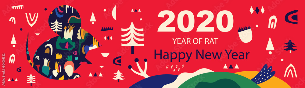 Happy New Year 2020 vector logo design. Happy new year with cute mouse rat in folk style. Chinese New Year. Cover of design for 2020. Calendar design, brochure, catalog, card, banner, wallpaper.  - obrazy, fototapety, plakaty 