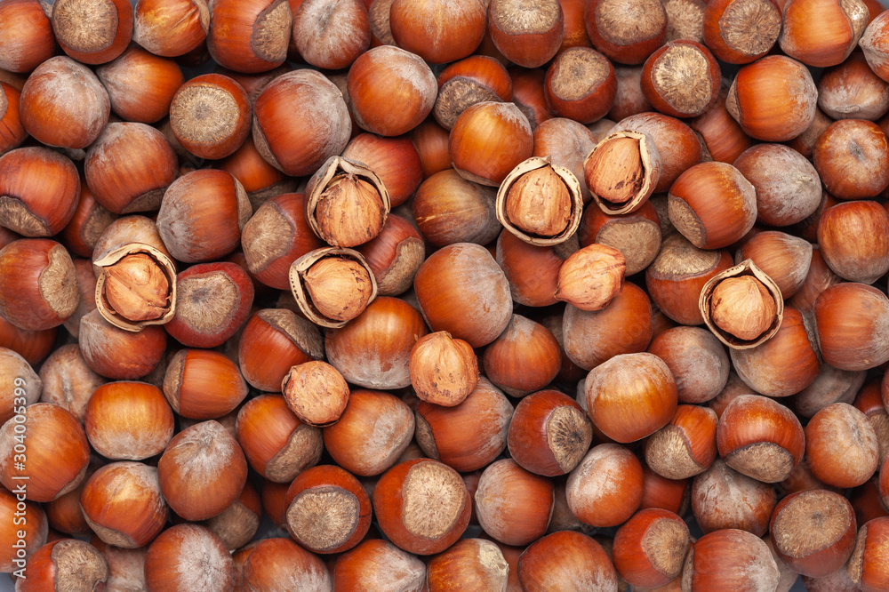 Hazelnut background. Inshell nuts and several peeled Hazelnut background. Inshell nuts and several peeled