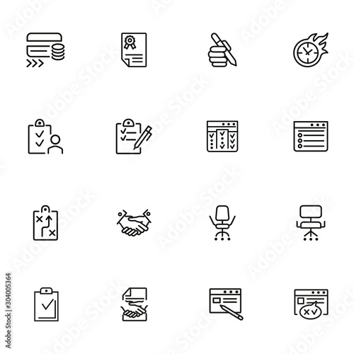 Filling out line icon set. Survey, credit card, handshake. Business concept. Can be used for topics like banking, loan, paperwork, office