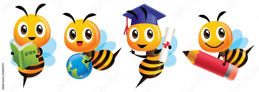 Bee Back to school set. Cartoon cute bee education mascot set. Cartoon cute bee graduation, holding a learning book, carrying a globe earth, carrying a big red pencil - Vector character mascot set Bee Back to school set. Cartoon cute bee education mascot set. Cartoon cute bee graduation, holding a learning book, carrying a globe earth, carrying a big red pencil - Vector character mascot set
