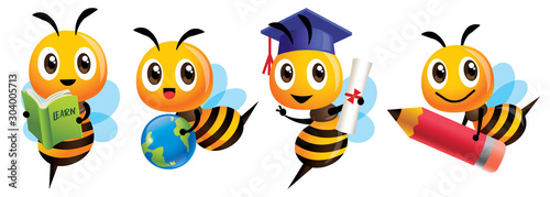 Bee Back to school set. Cartoon cute bee education mascot set. Cartoon cute bee graduation, holding a learning book, carrying a globe earth, carrying a big red pencil - Vector character mascot set