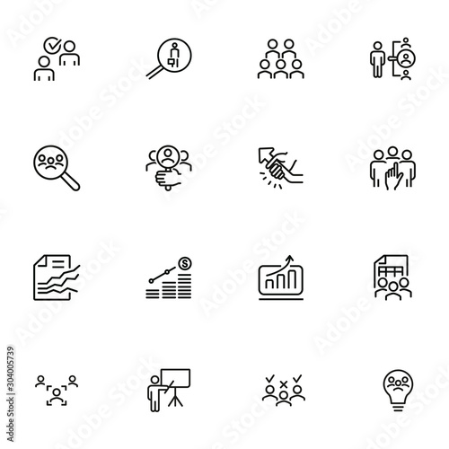 Finding investors line icon set. Magnifier glass, businessman with briefcase, search. Business concept. Can be used for topics like startup, investment, planning, analysis