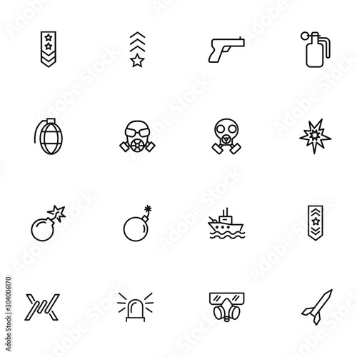 Forces line icon set. Shoulder strap, gun, bomb, ship. Military concept. Can be used for topics like army, war, defense, national security