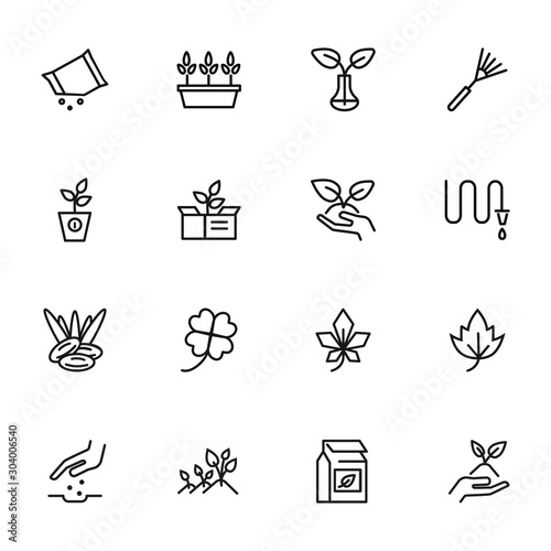Gardening line icon set. Plants, leaf, hose, rake. Nature concept. Can be used for topics like orchard, farming, agriculture