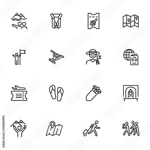 Global tourism icon set. Line icons collection on white background. Ticket, resort, destination. Journey concept. Can be used for topics like airport, rafting, traveling