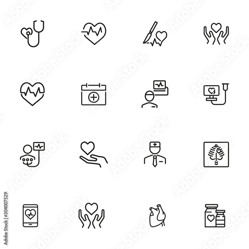 Heart disease prevention line icon set. Stethoscope, surgery, cardiogram, first aid kit. Medicine concept. Can be used for topics like heart attack, medical help, hospital