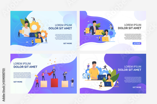 Business people working on laptops set. Team working on project, winning prize, standing on podium. Flat vector illustrations. Business, teamwork concept for banner, website design or landing web page