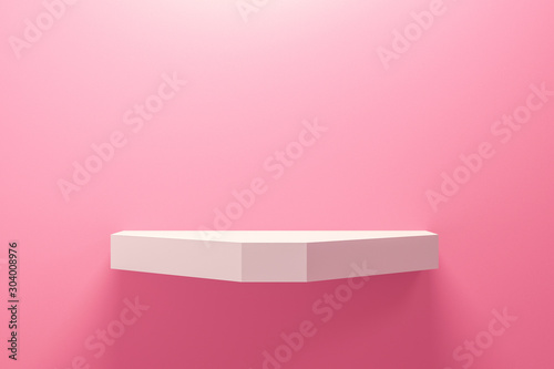 Fototapeta Naklejka Na Ścianę i Meble -  Front view of empty shelf on pink wall background with modern minimal concept. Display of backdrop shelves for showing. Realistic 3D render.