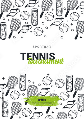 Tennis banner with hand draw doodle background.