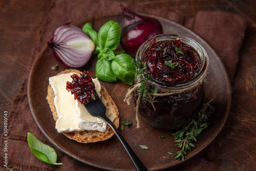 red onion jam ( confiture) in a jar
