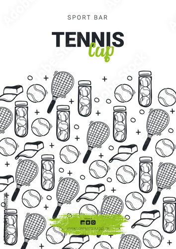 Tennis banner with hand draw doodle background.