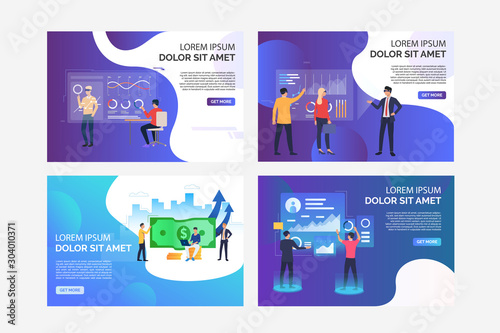 Virtual reality reports set. Businesspeople in VR headsets analyzing diagrams and money. Flat vector illustrations. Business, analysis concept for banner, website design or landing web page