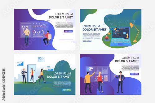 VR report analyzing set. Developers testing VR product, programmers writing codes. Flat vector illustrations. Modern technology concept for banner, website design or landing web page