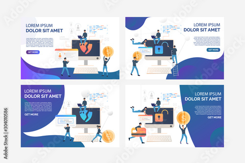 Collection of flat vector illustrations with cybercriminals. Hacker, attack, threat. Cybercrime concept for banner, website design or landing web page