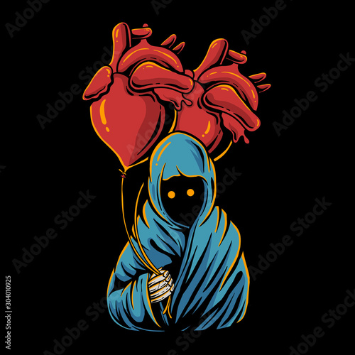 Grim reaper holding heart balloon hand drawn style. Scary kid holding balloon vector illustration. Grim reaper design for tshirt, sticker, phone wallpaper, and poster