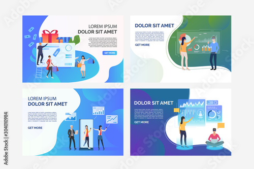 Collection of images with people working virtually via Internet. Development, teamwork, shopping, commerce. Flat vector. Virtual reality concept for banner, website design or landing web page