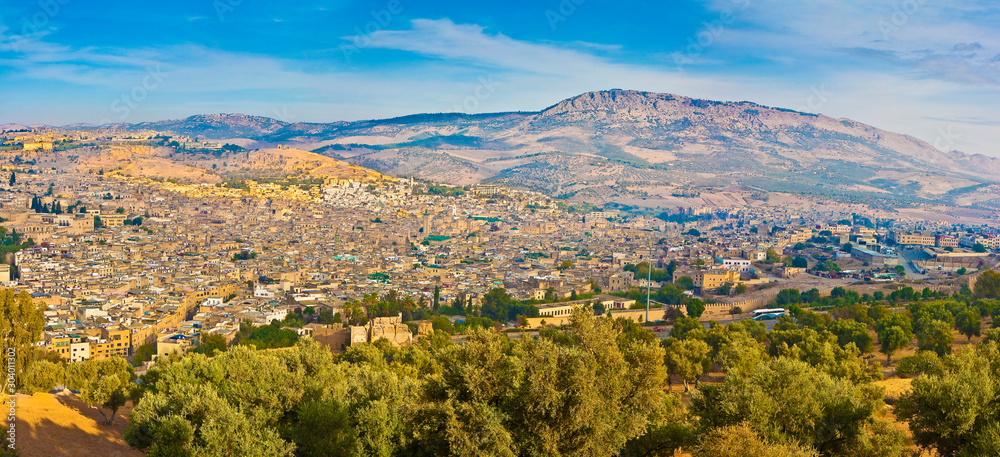 Fes aerial panoramic landscape with the medieval medina, the mountain on background and olive grove in the foreground