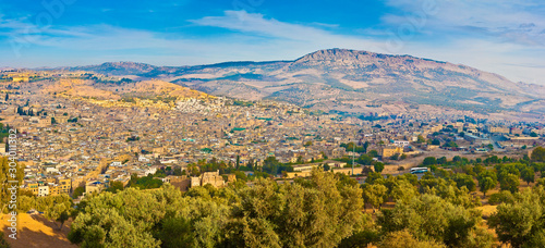 Fes aerial panoramic landscape with the medieval medina, the mountain on background and olive grove in the foreground