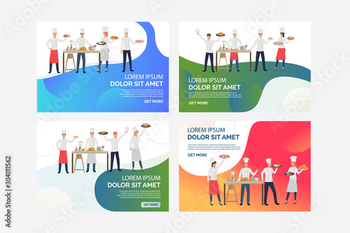 Set of illustrations of chefs participating in meal competition. Cook, dish, kitchen. Flat vector illustration with restaurant business concept for banner, website design or landing web page