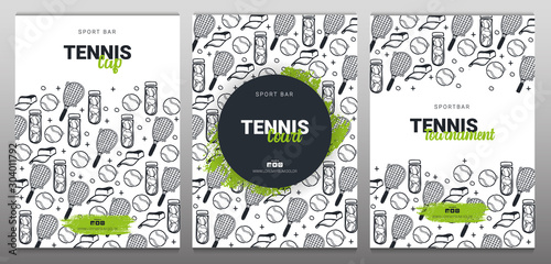 Set of Tennis banners with hand draw doodle background.