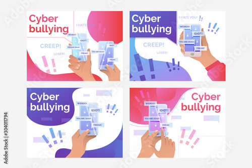 Set of illustrations of person receiving nasty messages via net. Abuse, victim. Flat vector. Cyber bulling concept for banner, website design or landing web page