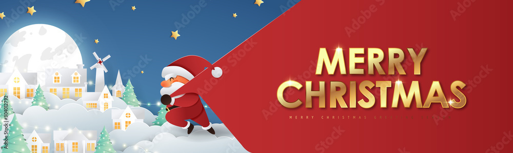 Merry christmas composition in paper cut style.Santa Claus with a huge bag on the run to delivery christmas gifts. Vector illustration.