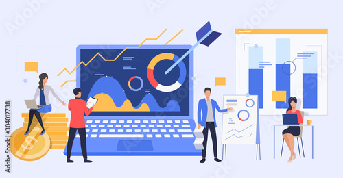 Business people analyzing marketing reports. Managers presenting diagrams vector illustration. Business and analysis concept for banner, website design or landing web page
