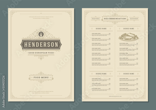 Restaurant menu design and label vector brochure template.