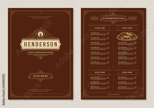 Restaurant menu design and label vector brochure template.
