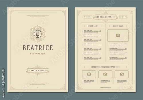 Restaurant menu design and label vector brochure template.