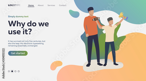 Illustration of father congratulating his son on victory. Section, competition, training. Vector. Sport concept for banner, website design or landing web page
