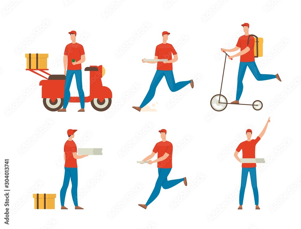 Pizza Delivery Guy Flat Vector Characters Set