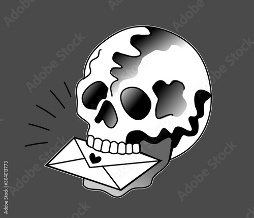 Pirate skull with a letter in his teeth.