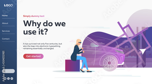 Woman operating car via educational driving stimulator. Technology, glasses, cyberspace. Vector illustration with virtual reality concept for banner, website design or landing web page
