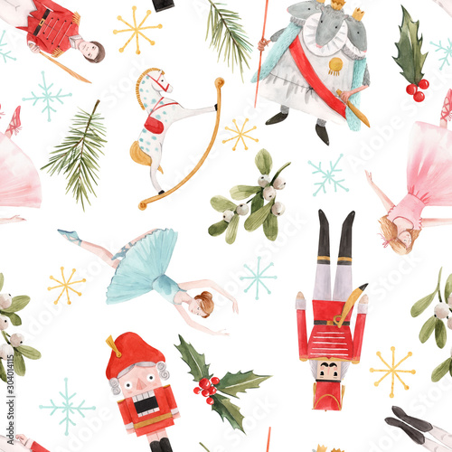 Watercolor christmas nutcracker fairy tale ballet seamless pattern