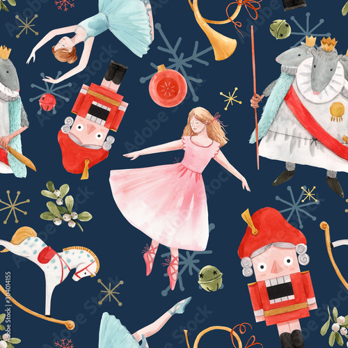 Watercolor christmas nutcracker fairy tale ballet seamless pattern