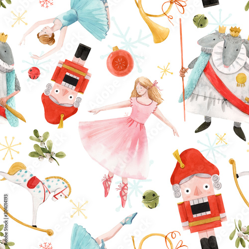 Watercolor christmas nutcracker fairy tale ballet seamless pattern