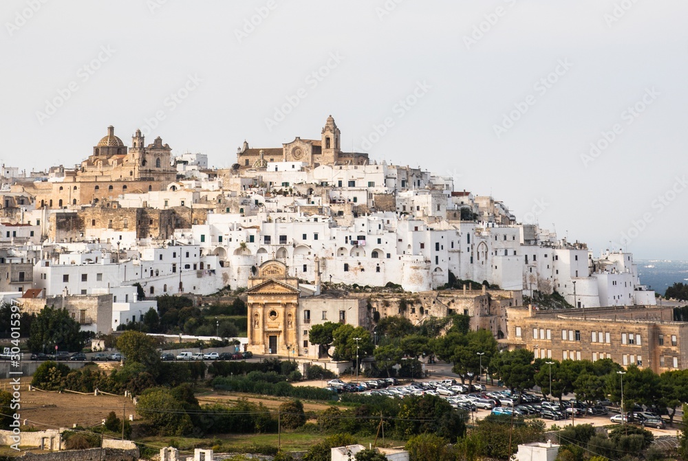 Panoramic view of the white and old city of Ostuni, Apulia, South Italy